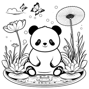 Bezauberter Panda im Seerosenteich Bastelvorlage für Teichforscher