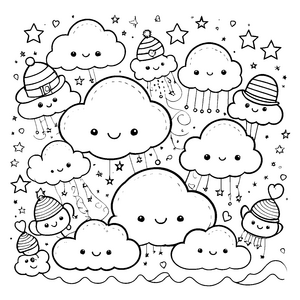 Verspielte Kawaii-Wolken mit Mützen Bastelvorlage für mutige Sternenjäger