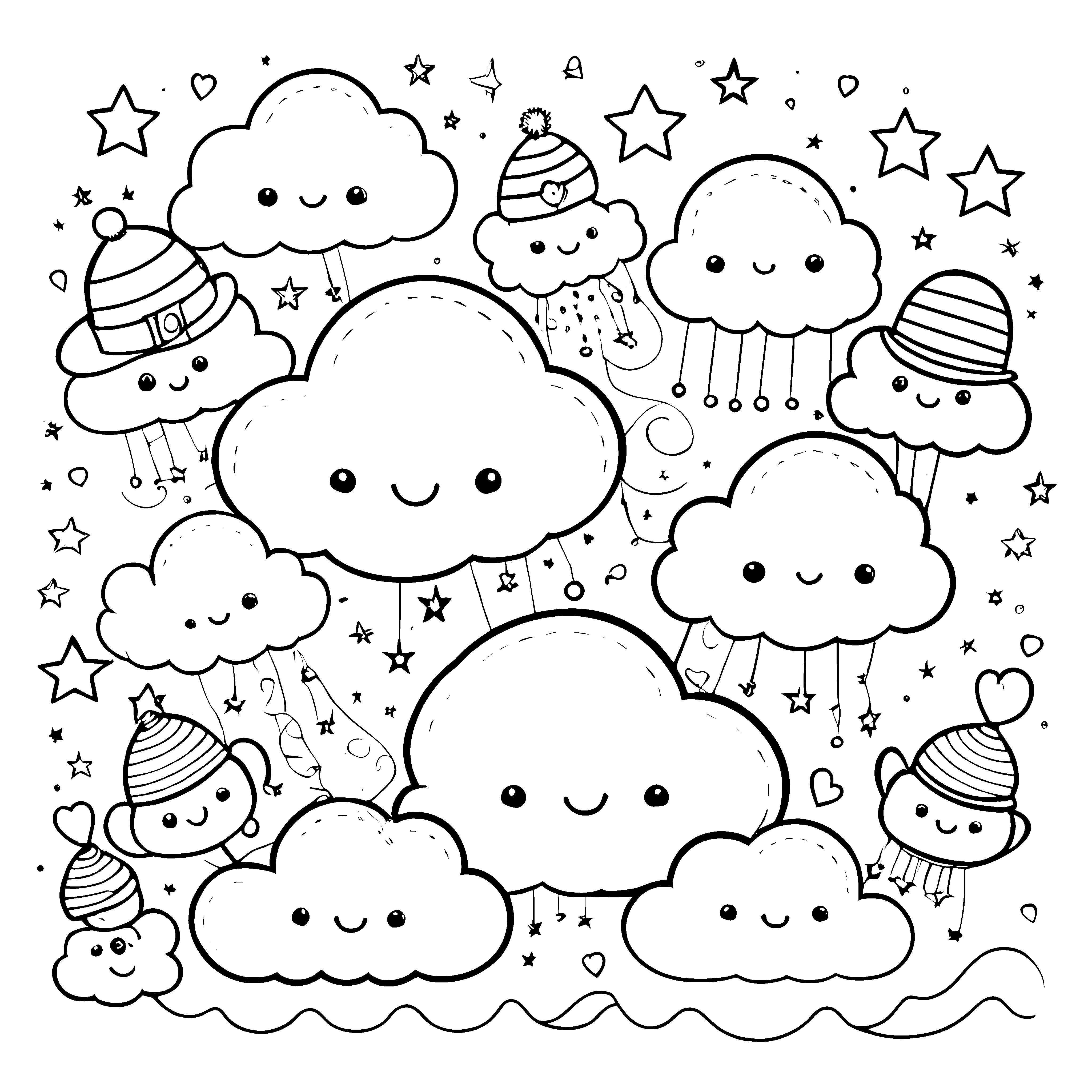 Verspielte Kawaii-Wolken mit Mützen Bastelvorlage für mutige Sternenjäger