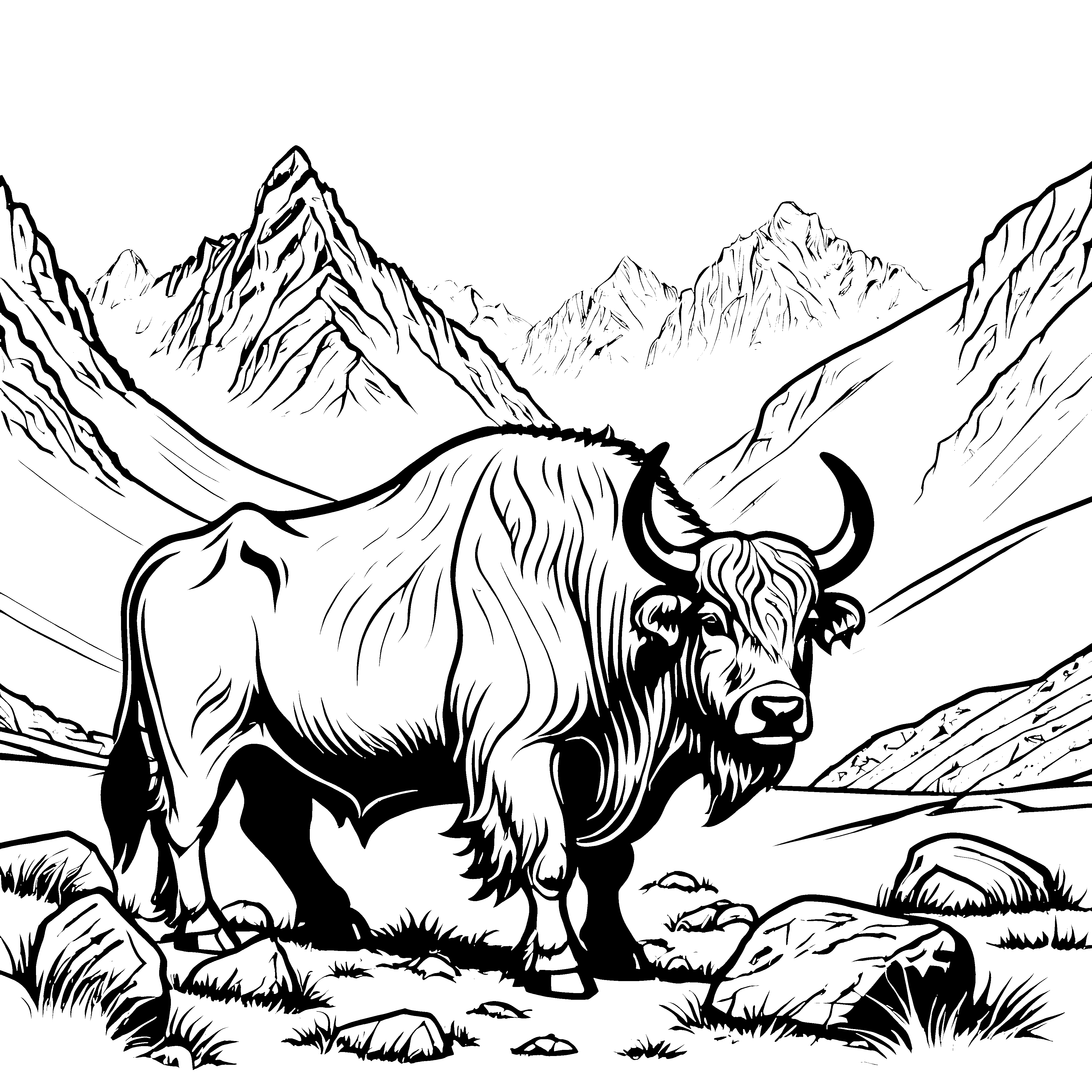 Imposanter Yak auf steiniger Wiese Ausmalvorlage für junge Bergkinder