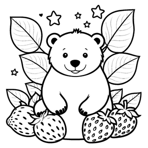 Verspielter Kawaii Eisbär mit Erdbeeren Malbild für verträumte Beerenfreunde