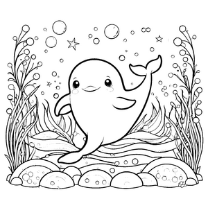 Bezauberter Kawaii-Delfin mit Seegras-Malbild für fröhliche Wasserforscher