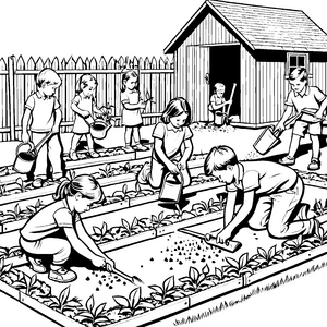 Fleißige Schulkinder beim Pflanzen Bastelvorlage für kleine Gartenhelfer