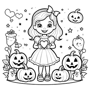 Liebes Mädchen mit Kürbissen Malvorlage für kleine Halloweenfreunde