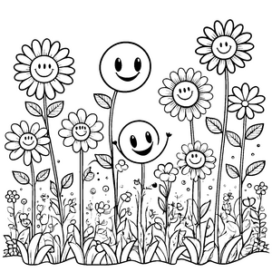 Fröhliche Smiley-Blumenwiese Bastelmotiv für malfreudige Blütenkinder