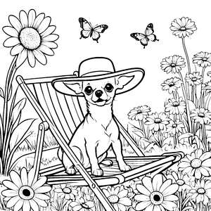 Sonniger Chihuahua mit Sonnenhut Bastelvorlage für junge Gartenfreunde