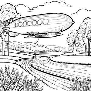 Riesige Zeppeline über Flusslauf Malvorlage für kleine Naturfreunde