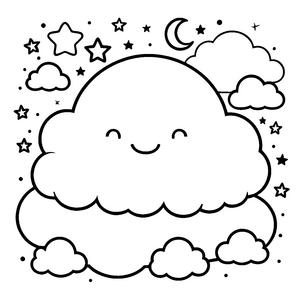 Herzliche Kawaii-Wolke mit Mond und Sternen Ausmalbild für kleine Himmelsfreunde