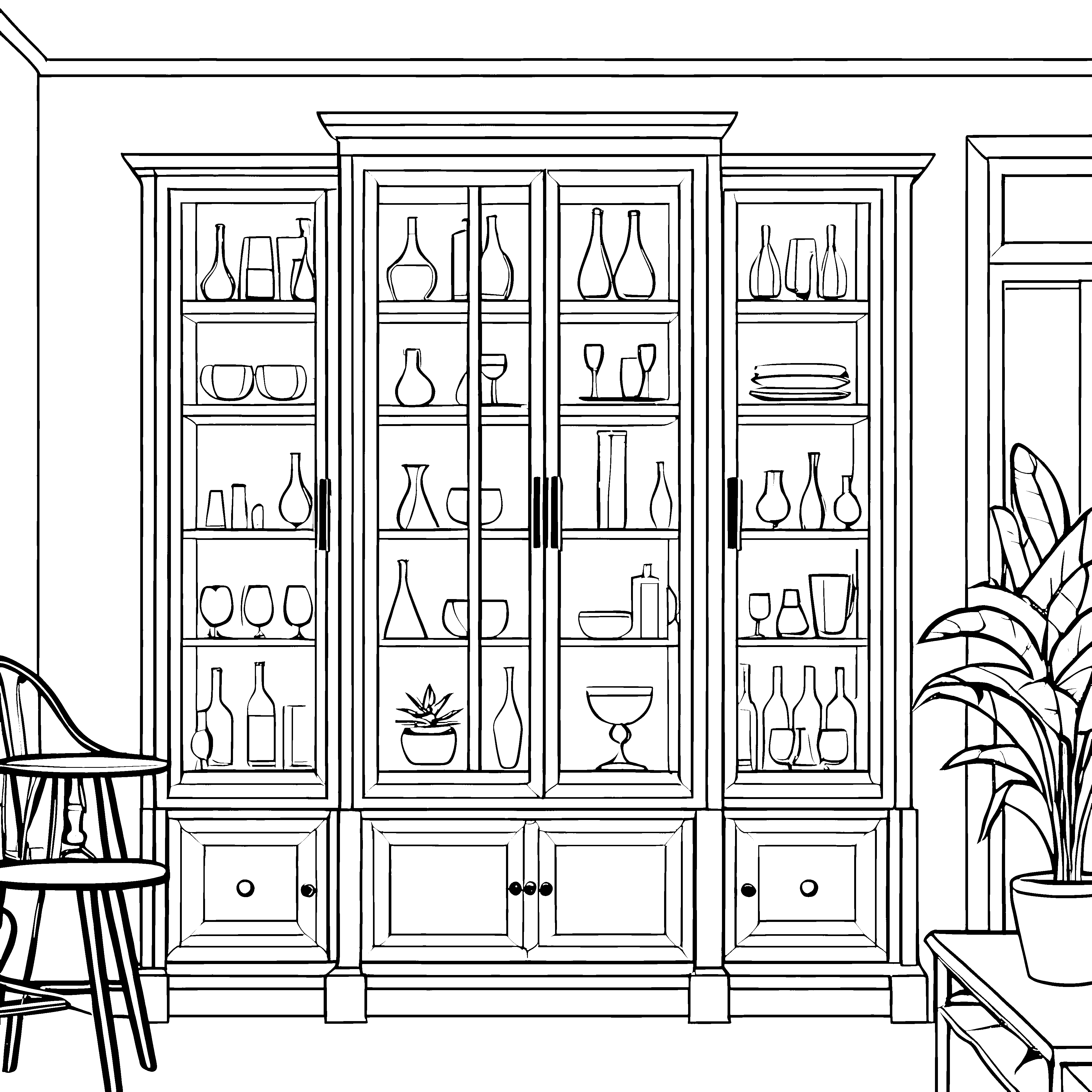 Großzügiger Getränkeschrank mit Gläsern Ausmalbild für verträumte Einrichtungsträumer