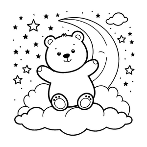 Träumender Kawaii Teddybär auf Wolke Ausmalvorlage für Sternengucker