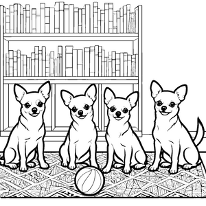Verspielte Chihuahuas vor Bücherregal Ausmalvorlage für kleine Buchwürmer