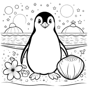 Niedlicher Kawaii-Pinguin mit Muschel Bastelmotiv für junge Meeresforscher