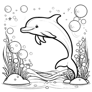 Fröhlicher Kawaii-Delfin mit Luftblasen Malbild für kleine Meeresbewohner