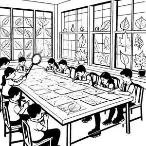 Neugierige Schulkinder mit Lupen Ausmalbild für kreative Naturforscher