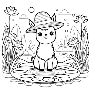 Sonniges Kawaii-Alpaka im Seerosenteich Malvorlage für kreative Wasserfreunde