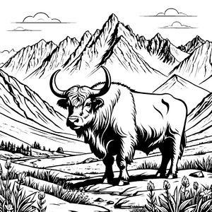 Majestätischer Yak vor schneebedeckten Gipfeln Ausmalbild für kreative Gebirgsforscher