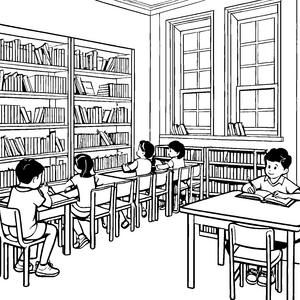Konzentrierte Schulkinder an Schreibtischen Bastelmotiv für neugierige Buchwürmer