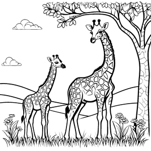 Sanfte Giraffenjungtiere unter Bäumen Ausmalvorlage für verträumte Blumenfreunde