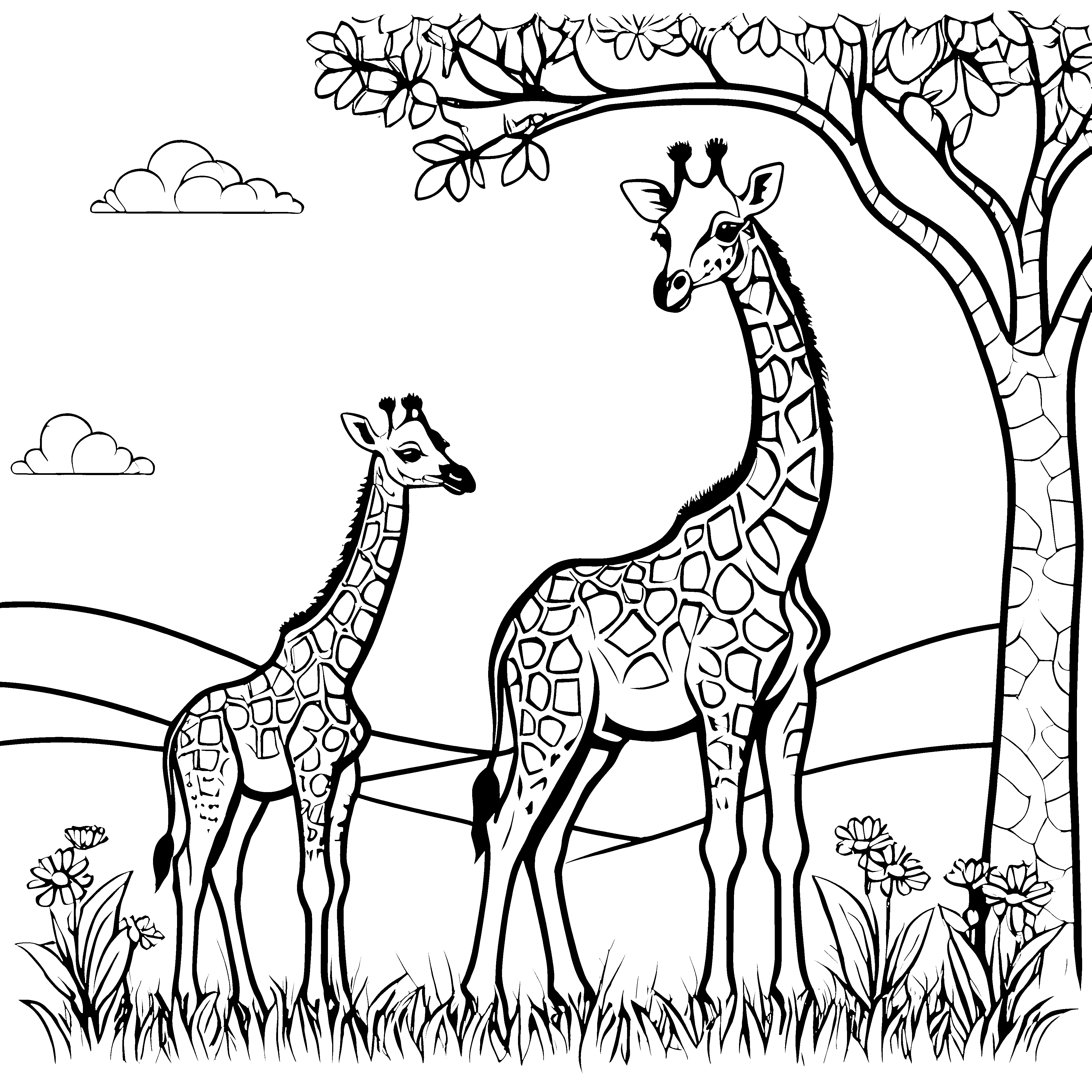 Sanfte Giraffenjungtiere unter Bäumen Ausmalvorlage für verträumte Blumenfreunde