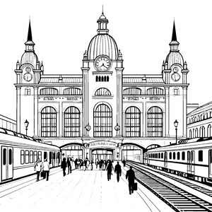 Prachtvoller Bahnhof mit Kuppel und Zügen Ausmalvorlage für malfreudige Bahnbegeisterte