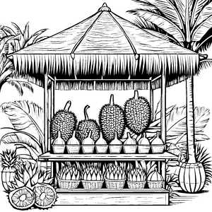 Exotischer Obststand mit Durianen Malvorlage für junge Früchtefreunde