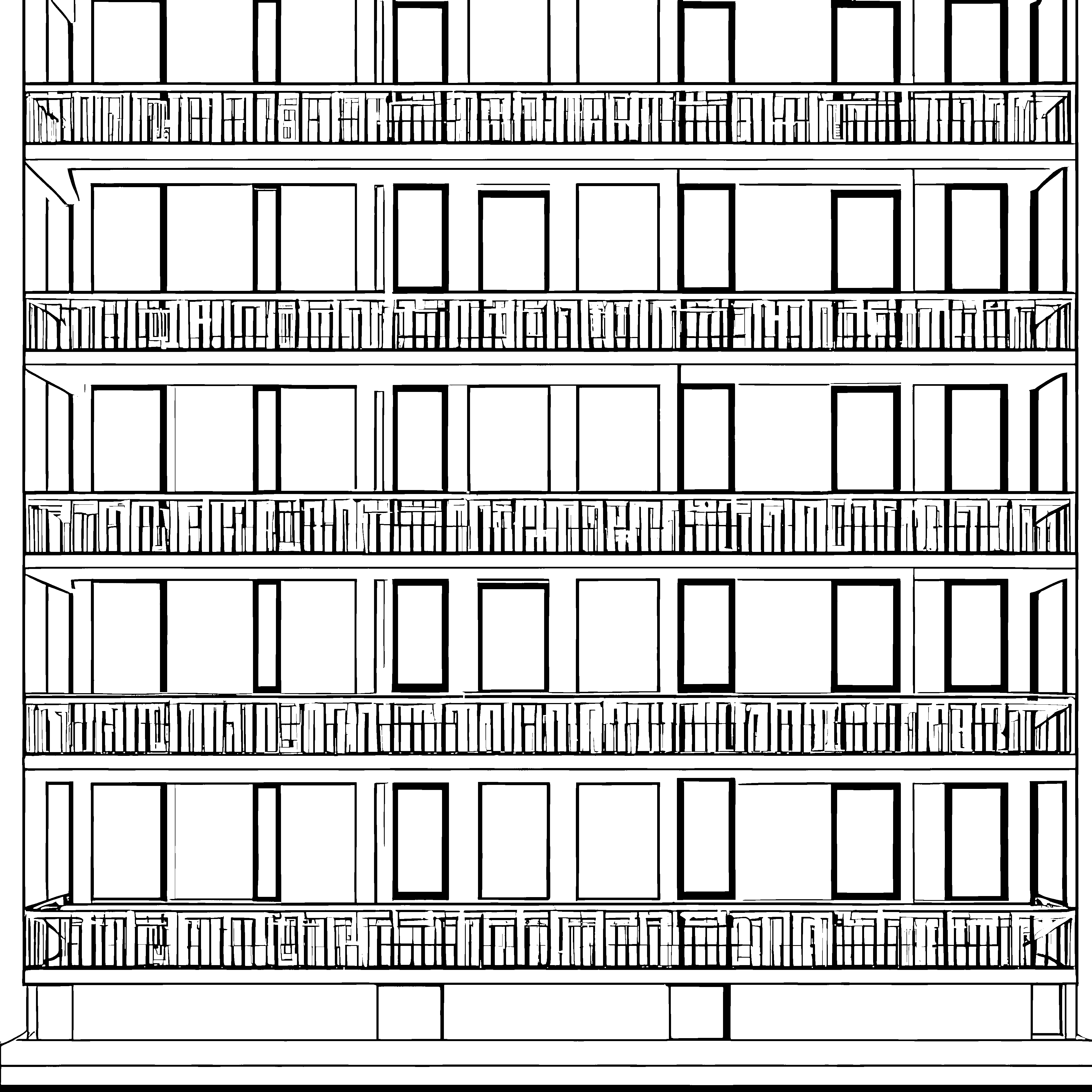 Geordnete Fassade mit Balkongeländern Malvorlage für kreative Hausforscher