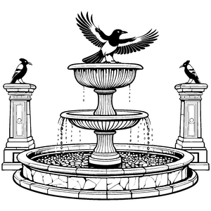 Lebhafte Elstern am Springbrunnen Malbild für malfreudige Wasserforscher