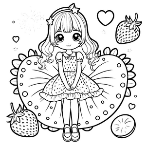 Herzliches Kawaii-Mädchen mit Erdbeeren Ausmalvorlage für verträumte Erdbeerfreunde
