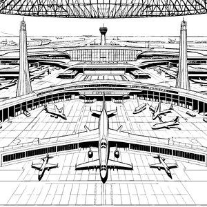 Beeindruckender Flughafen mit Kontrollturm Malvorlage für kleine Luftfahrtbegeisterte