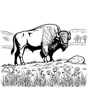 Majestätischer Bison mit Blumen Malvorlage für junge Bergfreunde
