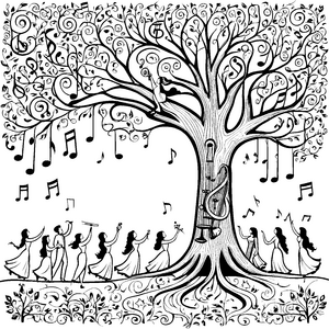 Harmonische Musen am Musikbaum Ausmalvorlage für junge Tonkunstfreunde