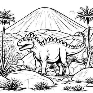 Imposanter Pachycephalosaurus am Vulkan Malvorlage für mutige Wüstenkinder