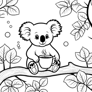 Gemütlicher Koala mit Teetasse Ausmalvorlage für kreative Naturfans