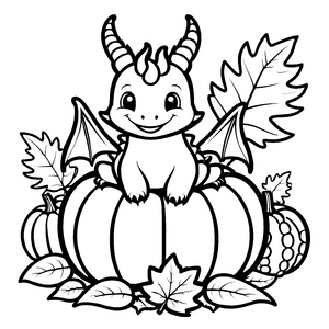 Freundlicher Kawaii-Drache auf Kürbissen Bastelvorlage für kreative Waldtiere