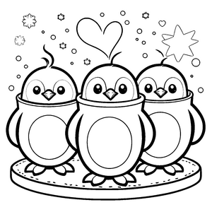 Herzliche Kawaii Pinguine mit Herz Malbild für kleine Schneeflocken