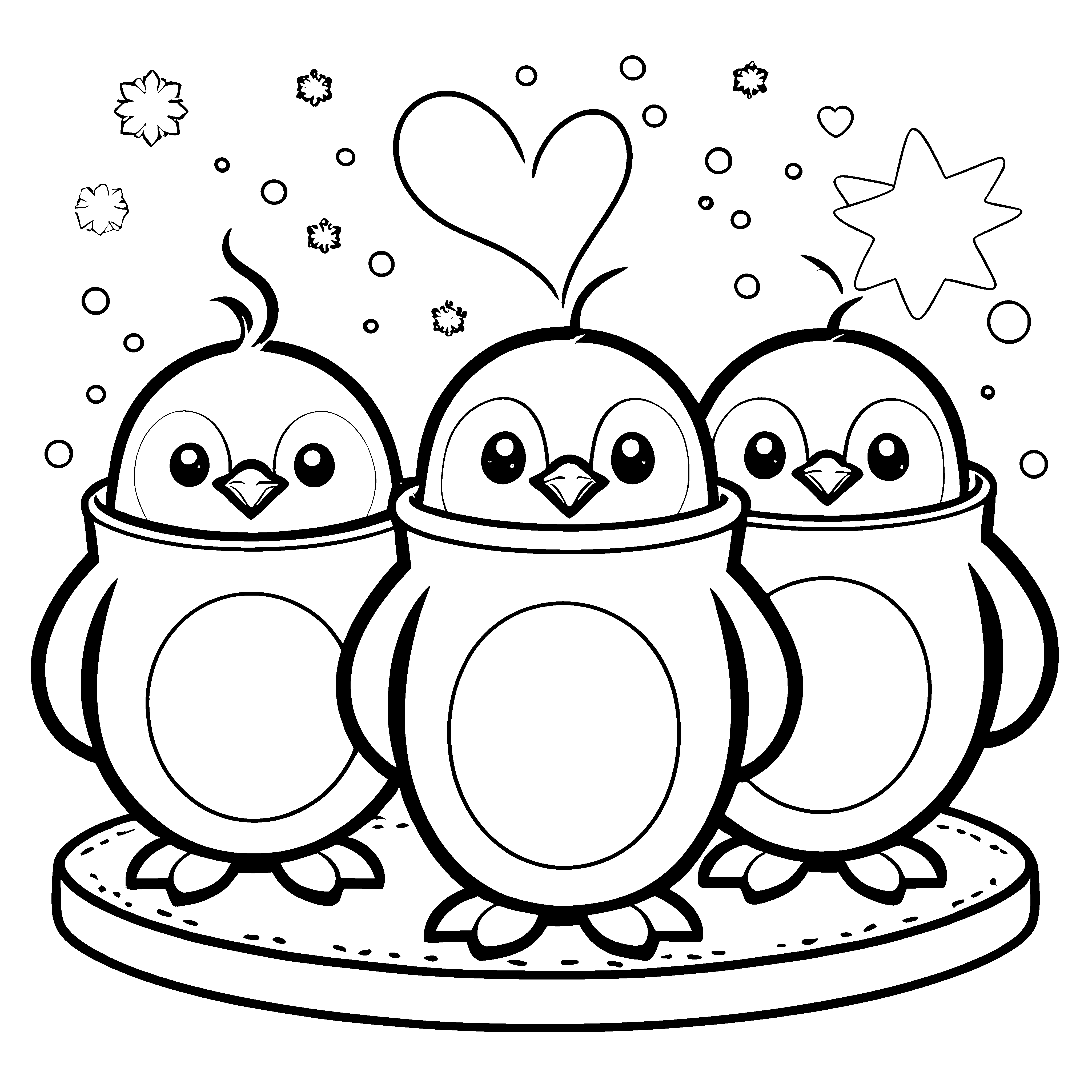 Herzliche Kawaii Pinguine mit Herz Malbild für kleine Schneeflocken