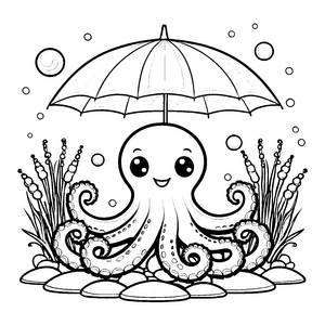Niedlicher Oktopus mit Regenschirm Ausmalvorlage für malfreudige Wasserbewohner