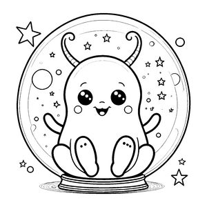 Nettes Kawaii-Alien in Glaskugel Bastelvorlage für kleine Sternenstaubsammler