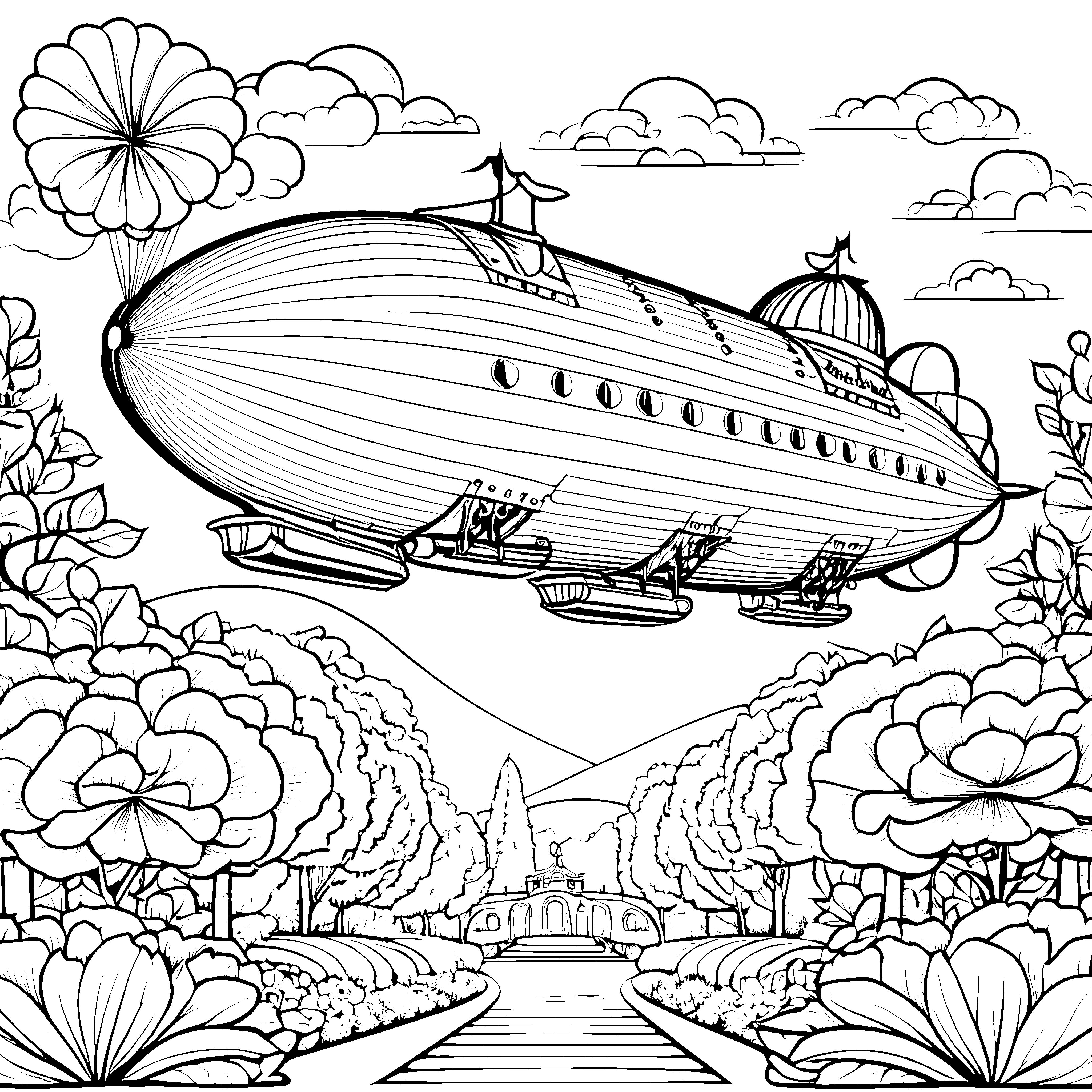 Prachtvolle Zeppeline über Blumenwiesen Bastelvorlage für fröhliche Gartenfreunde
