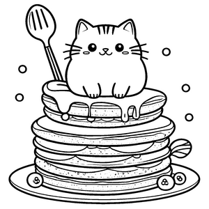 Verspielte Kawaii-Katze auf Pfannkuchenstapel Bastelmotiv für junge Naschkatzen
