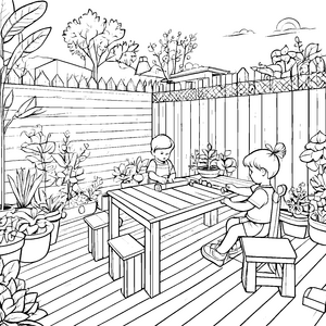 Sonniger Massivholztisch im Garten Ausmalvorlage für verträumte Pflanzenfreunde