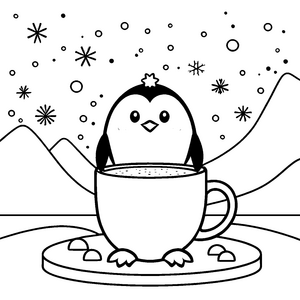 Behaglicher Kawaii-Pinguin in Tasse Malbild für verträumte Winterfreunde
