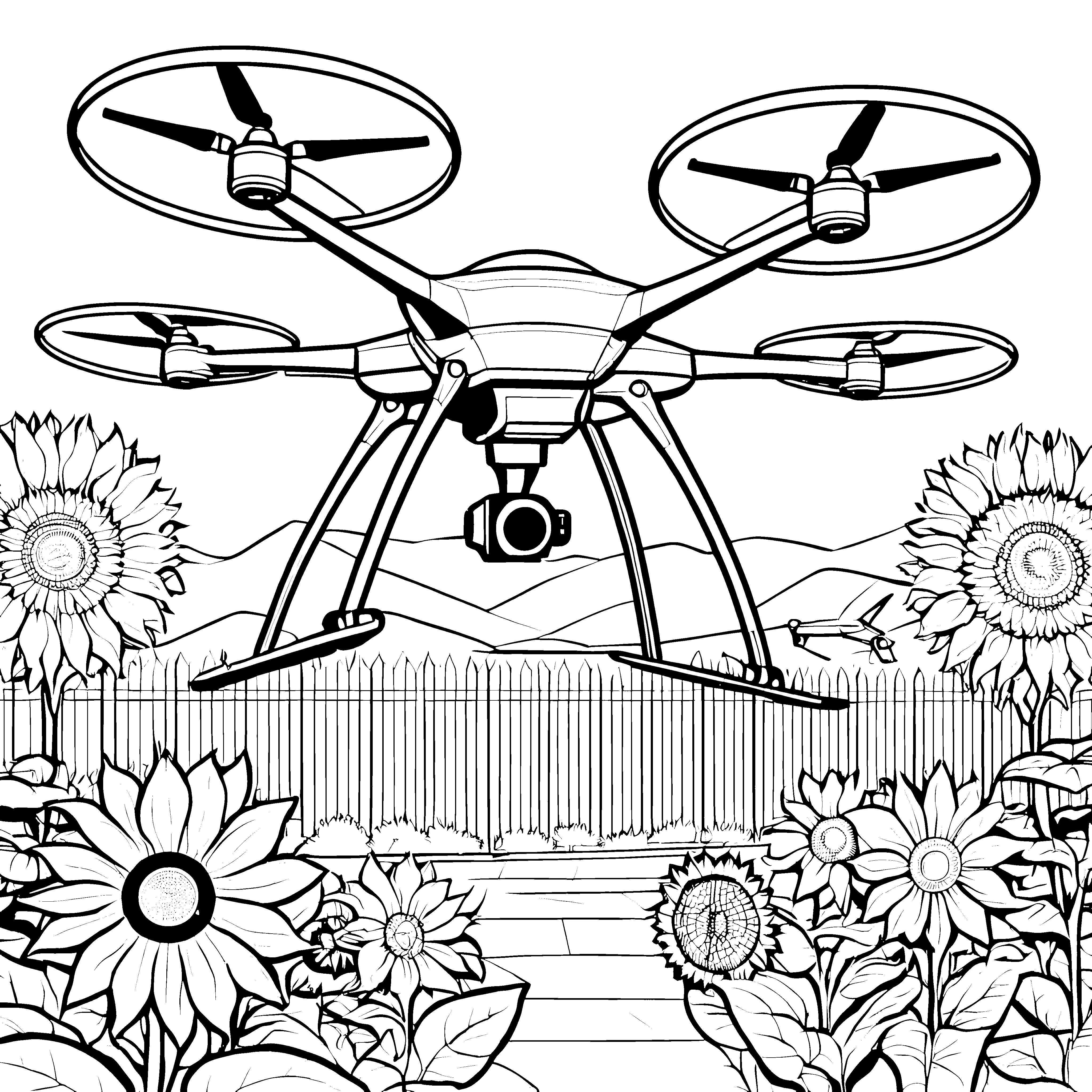 Beeindruckende Drohne über Sonnenblumen Malvorlage für Gartenfreunde