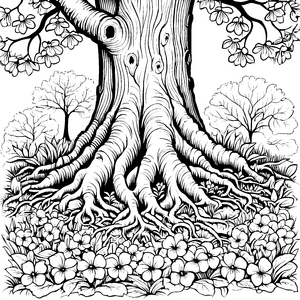 Beeindruckender Baum mit Veilchen Malbild für Malfreude-Naturfreunde