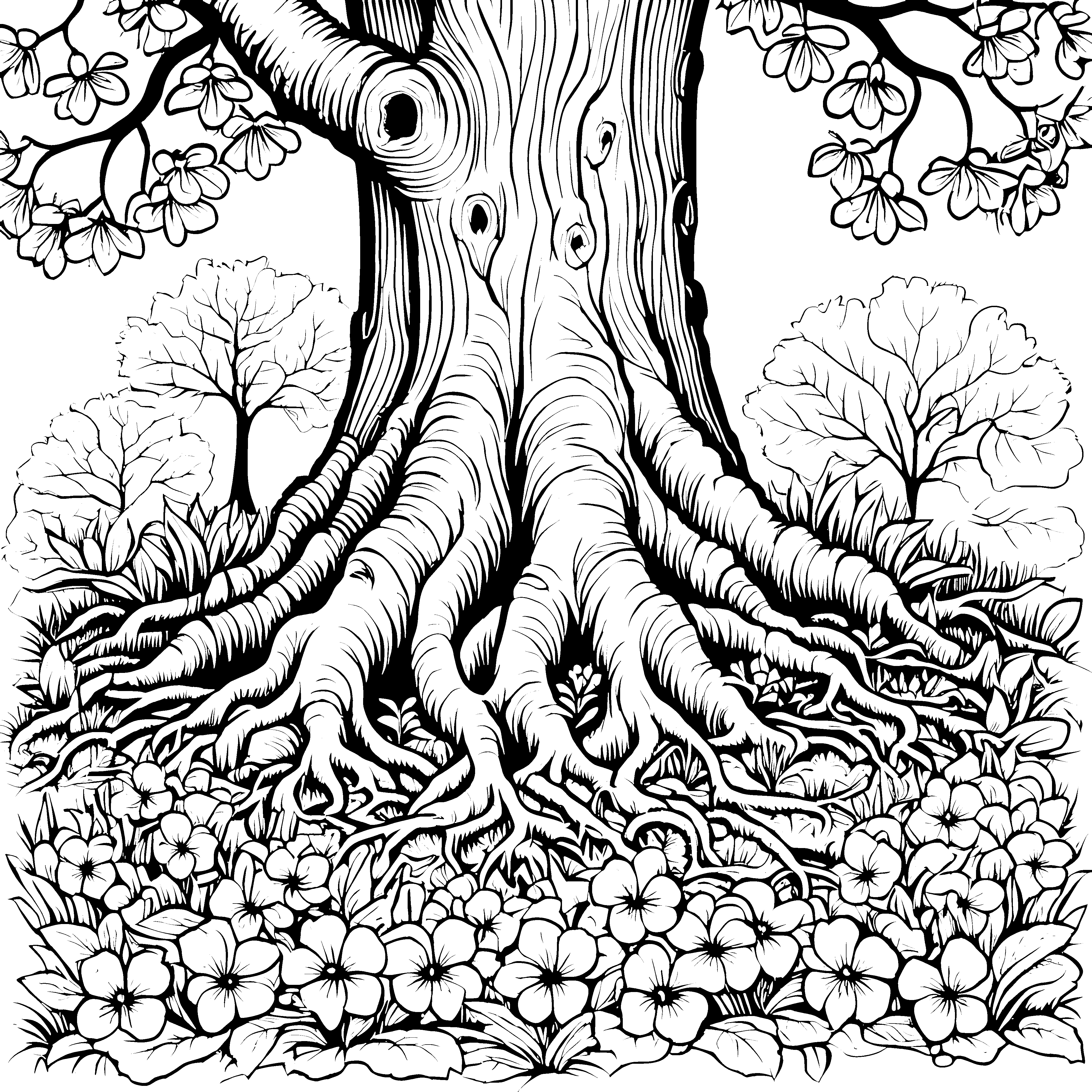 Beeindruckender Baum mit Veilchen Malbild für Malfreude-Naturfreunde