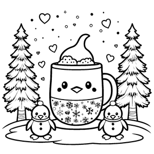 Niedliche Pinguine mit Zaubertasse Ausmalbild für kleine Schneeflockenfans