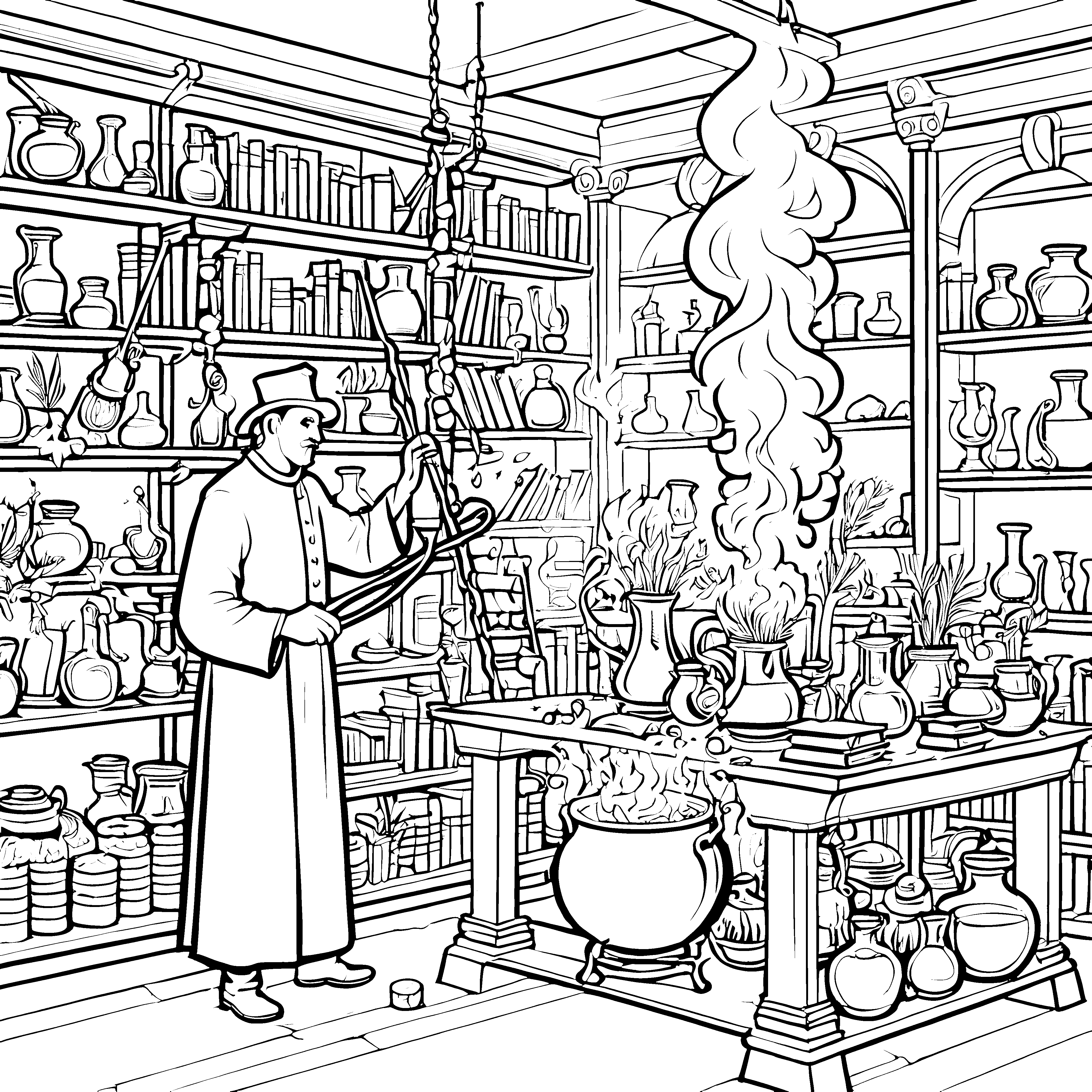 Magischer Alchemist am brodelnden Kessel Ausmalvorlage für mutige Laborfreunde