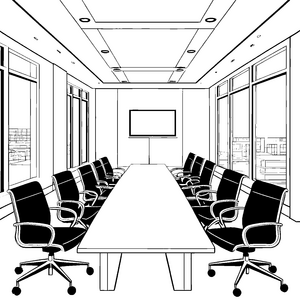Moderner Konferenztisch mit Bildschirm Malvorlage für neugierige Planer