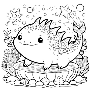 Herzliches Kawaii-Axolotl auf Seeigel Ausmalvorlage für kleine Meeresbewohner