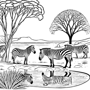 Lebendige Zebras am Wasserloch Malbild für Savannenforscher
